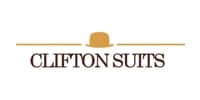 Logo of "clifton suits" featuring a stylized hat above the brand name.