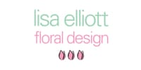 Logo of lisa elliott floral design featuring stylized text and three pink tulip icons.