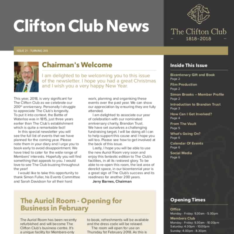 Image of a newsletter titled "clifton club news," featuring an editorial note from the chairman and a list of contents on the right side.