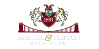 Crest with two unicorns flanking a shield marked "1891," above a stylized red suspension bridge. Below, text reads "BRISTOL & CLIFTON GOLF CLUB.