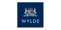 A dark blue square logo with two heraldic antelope figures facing each other above the word "WYLDE" in white capital letters.