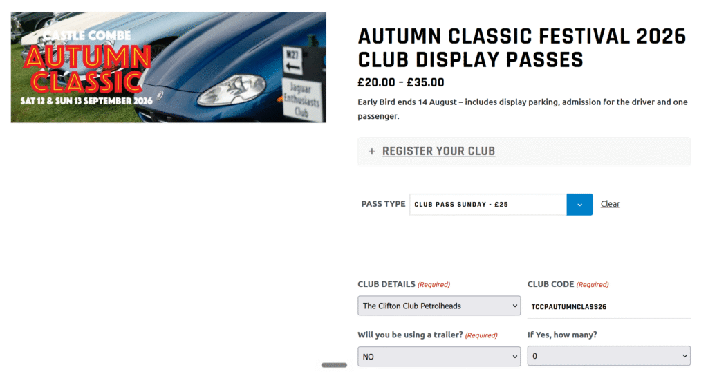 A website page for the Autumn Classic Festival 2026, showing ticket prices, a form to register a club, club details fields, and an image of a blue car with event dates: 5-6 September 2026.
